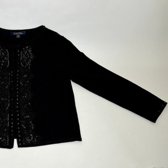 BROOKS BROTHERS Open Front Sweater Fine Merino Italian Wool Hand Beaded Black M - Picture 3 of 7
